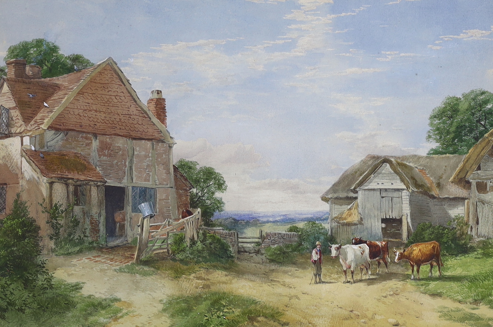 Henry Jutsum (1816-1869), watercolour, Farmyard landscape with cattle, signed, 30 x 47cm